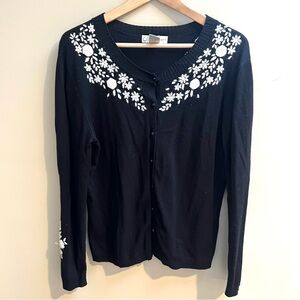 Black cardigan with White Floral Embroidery. Size L